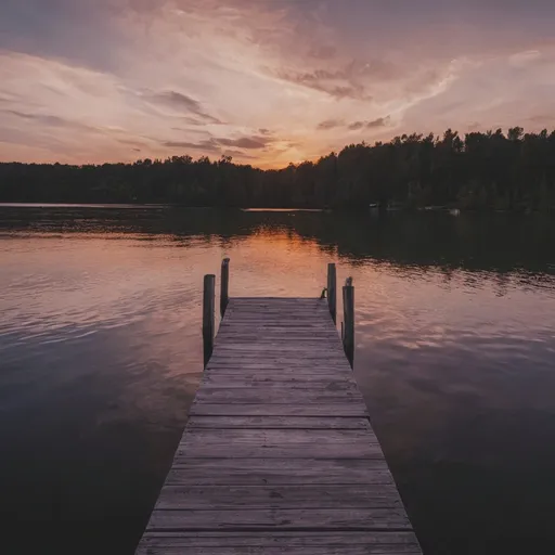 Prompt: a sunset over a dock on a lake
