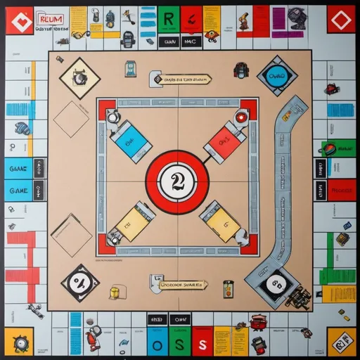 Prompt: Make a gameboard similar to monopoly, but based on robotics and futuristic ideas. include power up squares, go back spaces, disabled for a few turns, move ahead