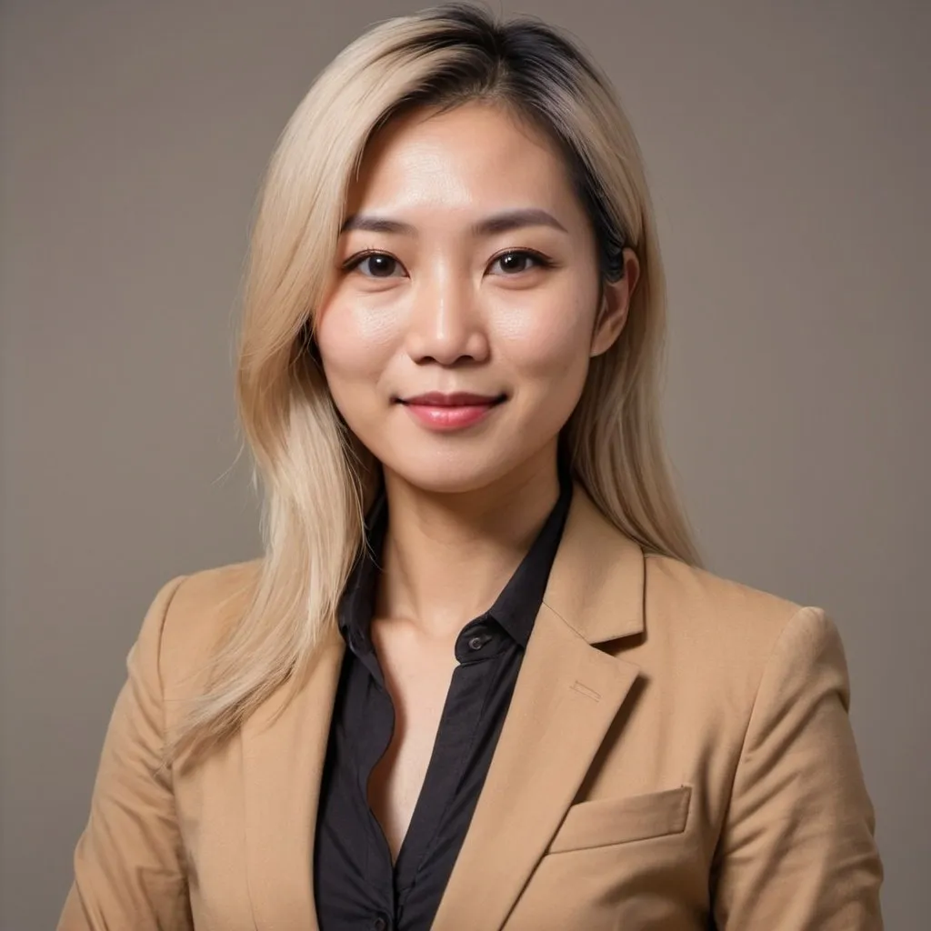 Prompt: Half body shot. A normal 35 years old Singaporean women. Blonde dyed hair. Post professional look in a brown cream blazer working at marketing agency taken a professional profile picture for her company. I want as a real human as possible