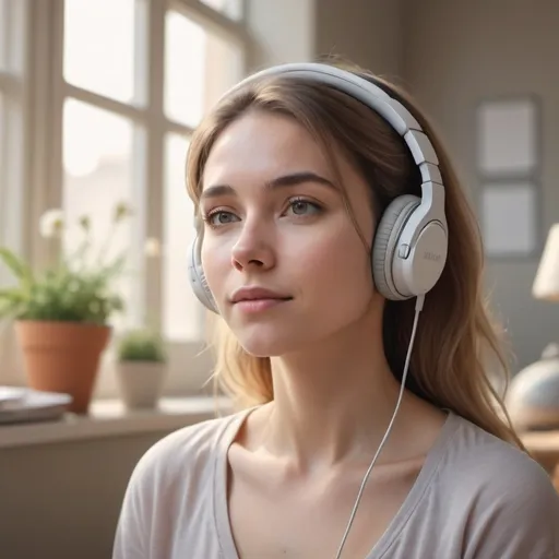 Prompt: (normal woman wearing headphones), conveying lightness and serenity, amidst various tasks in the background, soft pastel colors, (calm ambiance), detailed expressions of focus and peace, warm sunlight filtering through, bright and airy atmosphere, subtle hints of daily challenges, vibrant yet minimalist design, (4K ultra-detailed), capturing a balanced, lively moment in her day-to-day life.