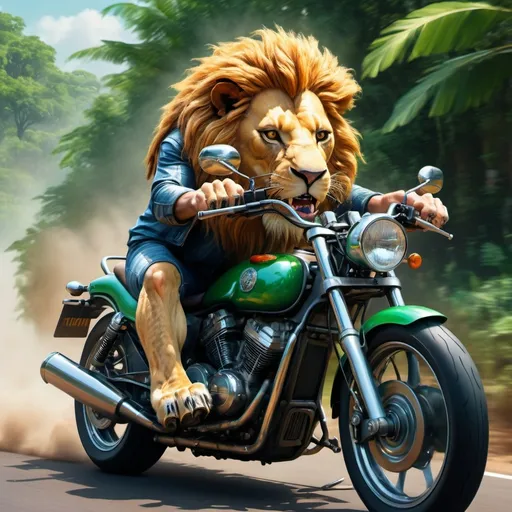 Prompt: (Lion driving motorcycle), vibrant colors, dynamic composition, adventurous atmosphere, roaring wind effects, adrenaline-filled scene, detailed motorcycle design, intense facial expressions, lush greenery in background, cinematic lighting, ultra-detailed, photorealistic quality, wild yet exhilarating vibe, capturing the essence of freedom and boldness, striking contrast between powerful animal and mechanical machine.