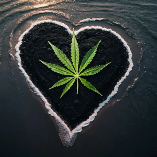 Prompt: cannabis in a heart shape at a dark beach