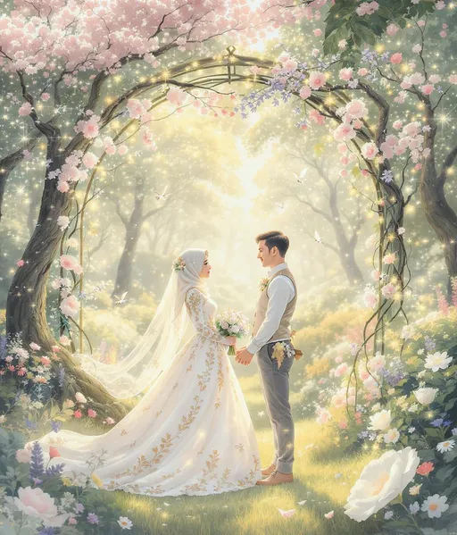 Prompt: A whimsical wedding card design, set against a backdrop of an enchanted forest. Dappled sunlight filters through the lush canopy overhead, casting a soft, golden glow on the scene. Delicate blossoms in pastel shades of pink, lavender, and ivory bloom around a gracefully arched trellis, entwined with shimmering fairy lights. At the center, a couple clad in elegant, storybook attire stands beneath the arch; the bride with a hijab in a soft and proper gown adorned with brown lace and floral embroidery, her bouquet vibrant with wildflowers, and the groom in a tailored vest with ethereal touches that hint at legendary charm. Tiny ethereal creatures flit about, their presence adding a touch of magic. The gentle curvature of the card frames this enchanting moment. Suggested art style: dreamy watercolor illustration, inviting a sense of wonder and romance. More real.
