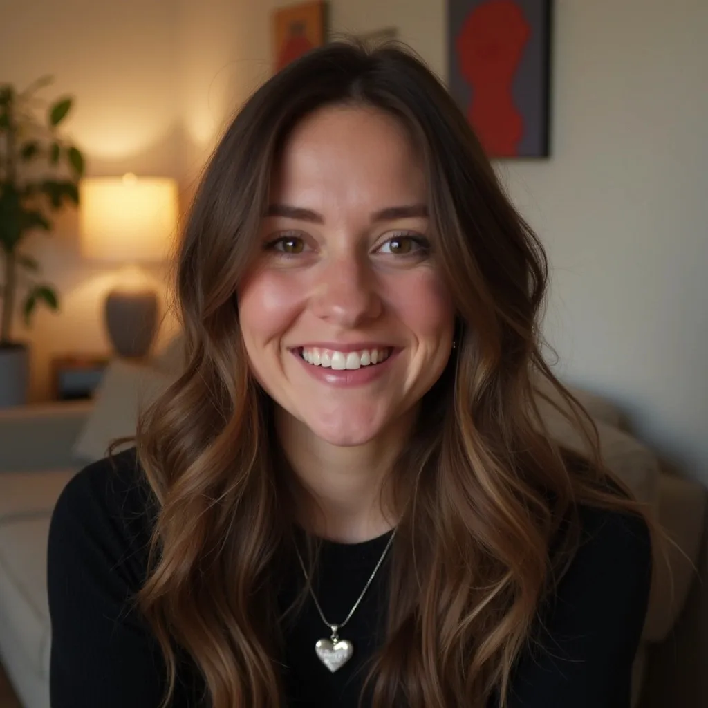 Prompt: A smiling woman fills the frame, her long, wavy hair framing her face and cascading over her shoulders. She wears a black top, with a prominent silver heart pendant hanging from her neck, which glints softly in the ambient light. In the background, a blurred, cozy interior with a hint of a couch and a decorative element featuring a red silhouette can be seen, suggesting a relaxed home environment. The lighting casts a warm glow on her skin, highlighting her joyful expression, which conveys a sense of friendliness and comfort. Overall, the scene radiates a casual, welcoming atmosphere. Ghibli 