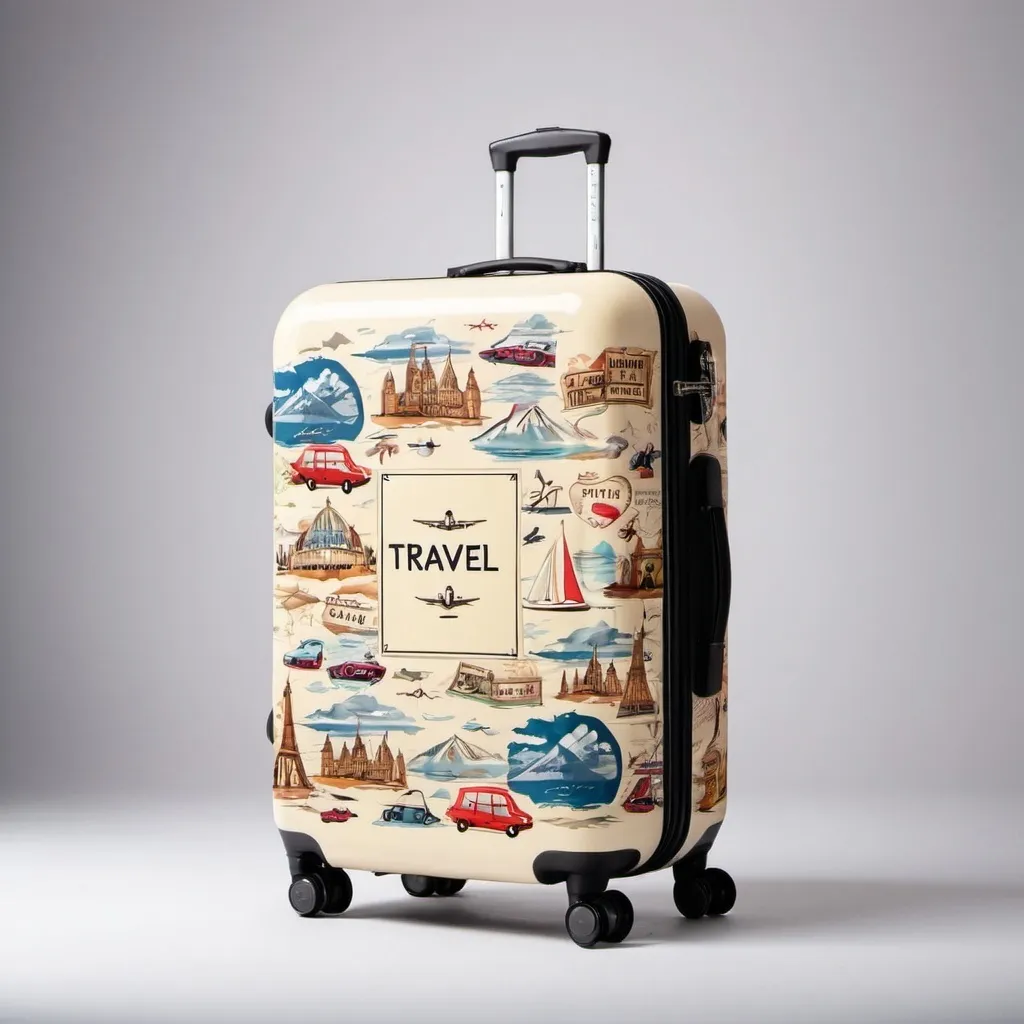 Prompt: beautiful travel luggage with travel text on it with a unique font