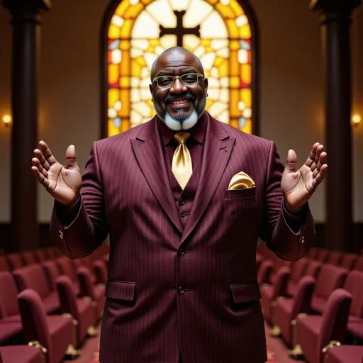Prompt:  
@mrhouston
Camera Angle: Medium close-up from a low angle, slightly tilted upward to emphasize humility and divine connection. Lighting: Soft heavenly beam of light streaming diagonally through an old stained-glass window, creating warm, radiant highlights on the man's uplifted hands and glistening oil. Background remains dim with subtle ambient shadows. Object/Subject Positioning: The Black man is centered in the foreground, hands lifted gracefully, oil visibly dripping from his fingertips. In the softly blurred background, a modern stage with empty seats is faintly visible, illustrating the contrast between the quiet power of prayer and the emptiness of public applause. Scene Description: Ultra-realistic depiction of a humble, Black man is wearing elogant gold eyeglasses, wearing a clergy suit which consists of a burgundy and gold pinstripe suit blazer, burgundy and gold pinstripe pants, a gold silk dress shirt, a lovely burgundy tie, and shiny gold Stacy Adams shoes, standing alone in a serene prayer room. His expression is peaceful yet powerful, eyes gently closed, fully immersed in worship. His hands are lifted, fingers glistening with anointing oil that drips delicately. The stained-glass window behind him casts fragmented colors across the scene, adding depth and holiness. Resolution & Quality: 4K Ultra-Realistic, cinematic colors, brilliant vivid tones, high-definition sharp details with rich contrasts. Aspect Ratio: 16:9 widescreen.
(negative prompt: fingers)