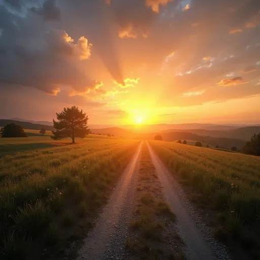 Prompt: : Sunrise over a peaceful landscape, with a path leading towards the rising sun, symbolizing new beginnings and hope. 