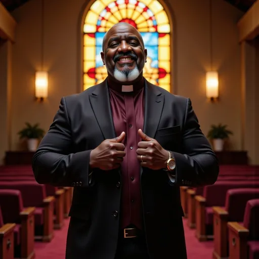 Prompt:  
@mrhouston
Camera Angle: Medium close-up from a low angle, slightly tilted upward to emphasize humility and divine connection. Lighting: Soft heavenly beam of light streaming diagonally through an old stained-glass window, creating warm, radiant highlights on the man's uplifted hands and glistening oil. Background remains dim with subtle ambient shadows. Object/Subject Positioning: The Black man is centered in the foreground, hands lifted gracefully, oil visibly dripping from his fingertips. In the softly blurred background, a modern stage with empty seats is faintly visible, illustrating the contrast between the quiet power of prayer and the emptiness of public applause. Scene Description: Ultra-realistic depiction of a humble, Black man black wearing a clergy suits which consist of a black suit blazer, black pants, a black, burgundy clergy shirt and a white clerical collar, standing alone in a serene prayer room. His expression is peaceful yet powerful, eyes gently closed, fully immersed in worship. His hands are lifted, fingers glistening with anointing oil that drips delicately. The stained-glass window behind him casts fragmented colors across the scene, adding depth and holiness. Resolution & Quality: 4K Ultra-Realistic, cinematic colors, brilliant vivid tones, high-definition sharp details with rich contrasts. Aspect Ratio: 16:9 widescreen.