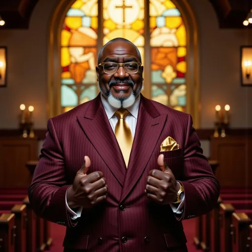 Prompt:  
@mrhouston
Camera Angle: Medium close-up from a low angle, slightly tilted upward to emphasize humility and divine connection. Lighting: Soft heavenly beam of light streaming diagonally through an old stained-glass window, creating warm, radiant highlights on the man's uplifted hands and glistening oil. Background remains dim with subtle ambient shadows. Object/Subject Positioning: The Black man is centered in the foreground, hands lifted gracefully, oil visibly dripping from his fingertips. In the softly blurred background, a modern stage with empty seats is faintly visible, illustrating the contrast between the quiet power of prayer and the emptiness of public applause. Scene Description: Ultra-realistic depiction of a humble, Black man is wearing elogant gold eyeglasses, wearing a clergy suit which consists of a burgundy and gold pinstripe suit blazer, burgundy and gold pinstripe pants, a gold silk dress shirt, a lovely burgundy tie, and shiny gold Stacy Adams shoes, standing alone in a serene prayer room. His expression is peaceful yet powerful, eyes gently closed, fully immersed in worship. His hands are lifted, fingers glistening with anointing oil that drips delicately. The stained-glass window behind him casts fragmented colors across the scene, adding depth and holiness. Resolution & Quality: 4K Ultra-Realistic, cinematic colors, brilliant vivid tones, high-definition sharp details with rich contrasts. Aspect Ratio: 16:9 widescreen.
(negative prompt: too many fingers)