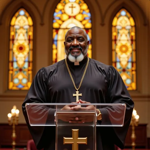 Prompt: Ultra-realistic 4K cinematic image, 16:9 ratio: A confident 60-year-old Black man, approximately 255 pounds with an athletic build, dressed in elegant clergy apparel, stands behind a luxurious glass pulpit in a grand, majestic church sanctuary. His face is expressive and full of passion as he delivers a powerful sermon. Camera Positioning and Techniques: Primary Shot: Camera positioned in the front row at eye-level, directly facing the pastor, capturing his full upper body and expressive gestures while addressing the congregation. Secondary Angle: Profile shot from stage right, capturing the pastor’s side profile and dynamic hand movements, with the congregation visible in the background. Alternate Perspective: Bird’s-eye view from the balcony, showcasing the full congregation and the pastor’s elevated position at the pulpit, emphasizing spiritual leadership. Camera Movement: Subtle panning motion from left to right to follow the pastor’s hand gestures and movement across the pulpit. A gentle tilt upward adds grandeur and highlights the tall stained-glass windows above. Lighting: Warm golden sunlight streams through towering stained-glass windows, casting divine light beams across the pulpit. The pastor’s face and body are softly illuminated with cinematic rim lighting, creating a radiant, angelic glow. Camera Settings: Medium shot with shallow depth of field focused on the pastor’s face and hands. Foreground elements of the congregation are softly blurred for immersive depth, while maintaining vivid clarity of the pastor’s expressions.