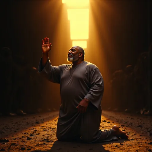 Prompt: Ultra-realistic 4K cinematic image, 16:9 ratio:
A dark-skinned man kneels mid-step in a dim, rocky valley, barefoot, with his hand stretched toward heaven. Behind him, the ground is cracked and demonic silhouettes are frozen mid-motion as if restrained by an invisible wall. Camera angle: profile shot from ground level, emphasizing the contrast between surrender and resistance. Lighting: golden spotlight from above pierces the valley shadows and falls directly on the man’s form, casting a powerful divine presence.