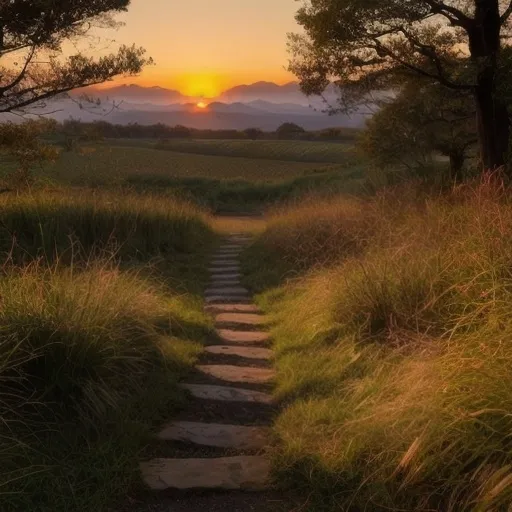Prompt: : Sunrise over a peaceful landscape, with a path leading towards the rising sun, symbolizing new beginnings and hope. 