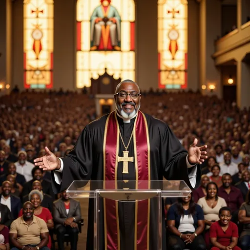 Prompt: Ultra-realistic 4K cinematic image, 16:9 ratio: A confident 60 year-old Black man, approximately 255 pound athletic built , dressed in Clergy apparel, stands behind an elegant glass pulpit in a large, elegant church. He gestures with authority. Seated before him is a massive congregation of men, children and many women of diverse cultural and racial backgrounds, attentively listening and engaging, their faces reflecting curiosity and respect. The scene is captured from a slight side angle, highlighting the Bishop’s expressive posture. Soft ambient lighting illuminates the church with warm natural light streaming through large windows in the background, creating a welcoming and inspirational atmosphere.

