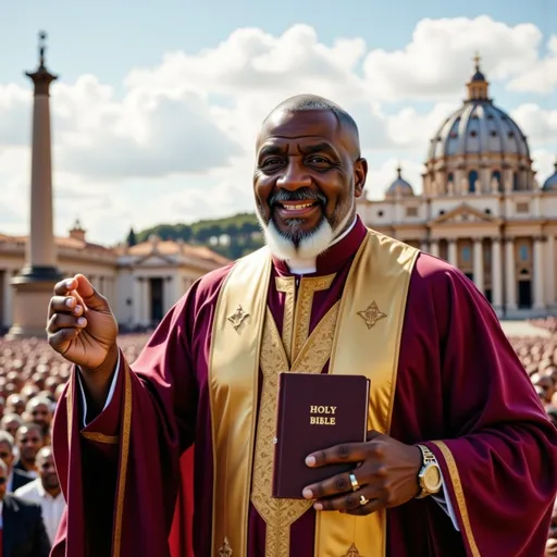 Prompt: Ultra-realistic 4K cinematic image, 16:9 ratio: A confident 60-year-old Black man, approximately 255 pounds with an athletic build, dressed in elegant clergy apparel with gold trim, stands on an elevated outdoor platform in St. Peter’s Square, Vatican City, Italy. Behind him, the majestic St. Peter’s Basilica rises against a brilliant blue sky. His face radiates passion and divine authority as he addresses a diverse, international crowd gathered before him. He holds a regular-size, burgundy leather-bound Holy Bible in his left hand, clearly displaying the embossed gold words “HOLY BIBLE” on the front cover. His right hand is raised mid-gesture, passionately emphasizing the power of the Word before the captivated audience. Camera Positioning and Techniques: Primary Camera: Positioned at eye level among the crowd, directly facing the pastor, capturing his expressive face, the boldly displayed Bible, and his powerful hand gestures. Secondary Angle: 3/4 profile shot from stage right, highlighting the Bible with its gleaming gold inscription and the grandeur of St. Peter’s Basilica behind him. Alternate Perspective: Bird’s-eye view from a drone, capturing the scale of the gathering and the pastor standing courageously at the forefront of faith. Camera Movement: Smooth tracking shot across the front row, with a soft upward tilt that reveals the grandeur of the basilica and the divine sunlight streaming across the scene. Lighting: Golden late-afternoon sunlight shines through the ancient columns of the square, casting radiant beams that illuminate the pastor and the Bible he holds. The gold lettering of “HOLY BIBLE” gleams brilliantly under the light, while a soft cinematic rim light outlines the pastor’s form against the sky. Camera Settings: Medium shot with shallow depth of field focusing sharply on the pastor’s face, the prominently displayed Holy Bible, and his raised hand. The architectural beauty in the background remains vivid yet slightly softened to draw focus to the pastor’s leadership and message.

