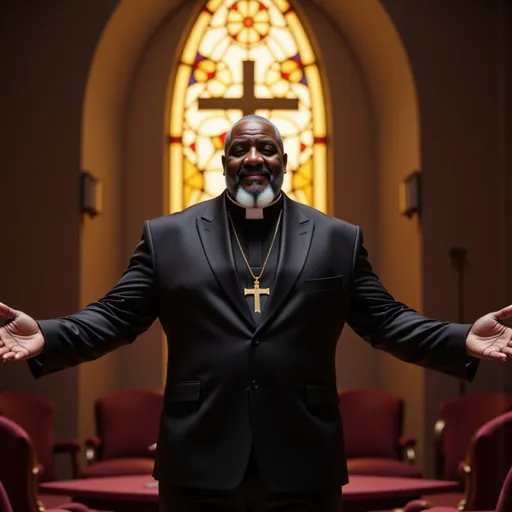 Prompt:  
@mrhouston
Camera Angle: Medium close-up from a low angle, slightly tilted upward to emphasize humility and divine connection. Lighting: Soft heavenly beam of light streaming diagonally through an old stained-glass window, creating warm, radiant highlights on the man's uplifted hands and glistening oil. Background remains dim with subtle ambient shadows. Object/Subject Positioning: The Black man is centered in the foreground, hands lifted gracefully, oil visibly dripping from his fingertips. In the softly blurred background, a modern stage with empty seats is faintly visible, illustrating the contrast between the quiet power of prayer and the emptiness of public applause. Scene Description: Ultra-realistic depiction of a humble, Black man black wearing a clergy suits which consist of a black suit blazer, black pants, a black, burgundy clergy shirt and a white clerical collar, standing alone in a serene prayer room. His expression is peaceful yet powerful, eyes gently closed, fully immersed in worship. His hands are lifted, fingers glistening with anointing oil that drips delicately. The stained-glass window behind him casts fragmented colors across the scene, adding depth and holiness. Resolution & Quality: 4K Ultra-Realistic, cinematic colors, brilliant vivid tones, high-definition sharp details with rich contrasts. Aspect Ratio: 16:9 widescreen.