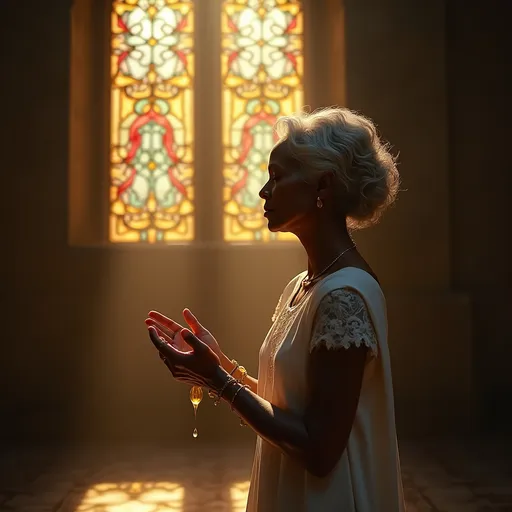 Prompt: Ultra-Realistic 4K Cinematic Image Prompt (16:9 Ratio):
A humble, elderly Black woman with graceful aging lines and silver-streaked hair, stands alone in a quiet, intimate prayer room. She wears a simple, flowing white church dress with delicate lace accents. Her hands are gently lifted in solemn reverence, and rich golden anointing oil drips slowly from her fingertips, glistening in the soft light.

A focused beam of warm, heavenly light streams through an old, intricately designed stained-glass window above her, casting vivid, colorful reflections onto the stone floor beneath her feet. The atmosphere is filled with a soft, ethereal glow, highlighting the sacredness of the moment.

Camera Angle: Medium close-up shot from a low, slightly forward angle, capturing the oil dripping in the foreground and her uplifted, peaceful expression.
Lighting:

Key Light: Soft, golden heavenly beam through the stained glass directly illuminating her hands and face.

Fill Light: Subtle ambient light with warm undertones to gently reveal the textures of the prayer room.

Back Light: Dim, cool-toned lighting from the background stage area to create separation and depth.

In the blurred background beyond a slightly open door, a large modern church stage is barely visible, its bright lights dimmed and empty seats faded into soft focus—emphasizing the contrast between hidden spiritual power and public performance.

Include cinematic depth of field: sharp focus on the woman’s hands and serene facial expression, slight bokeh effect on the background stage to reinforce emotional and symbolic contrast. Textures of the aged stained glass, the smooth oil droplets, and the worn wooden pews should appear highly detailed and vivid.
