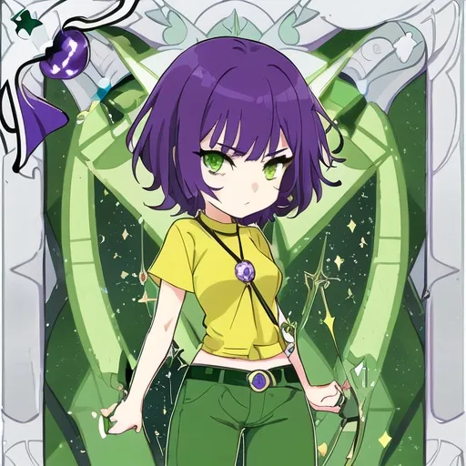 Prompt: A chibi girl with purple short hair and green eyes and green lipstick  yellow shirt and pants  purple tali