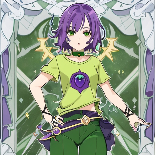 Prompt: A chibi girl with purple short hair and green eyes and green lipstick  yellow shirt and pants  purple tali