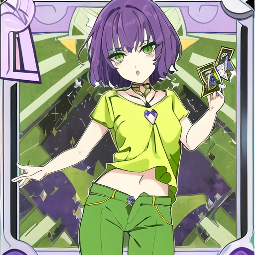 Prompt: A chibi girl with purple short hair and green eyes and green lipstick  yellow shirt and pants  purple tali