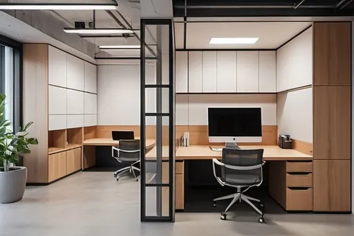 Prompt: Modern, noise-reducing office layout for 2 people, sound-absorbing materials, shared bathroom, professional, minimalist design, high quality, detailed, modern interior, noise reduction, office layout, shared space, professional lighting, contemporary style, ergonomic furniture, soundproof design