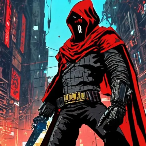 Prompt: Red and black vigilante with a cape and mask, has blades on his gauntlets as well as a grappling hook. Jumping out of a window into a cyberpunk city.  He has an ancient glowing artifact on his chest that gives him his powers 