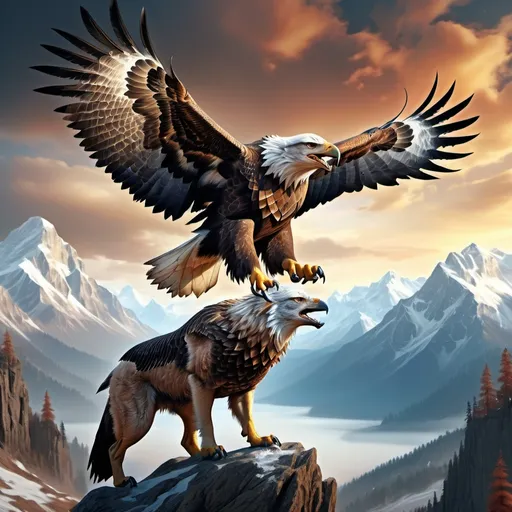 Prompt: Eagle and wolf hybrid creature, (majestic), (ferocious), soaring in the sky, intricate details of feathers and fur blending seamlessly, dynamic pose conveying grace and power, vibrant colors of the eagle contrasting with earthy tones of the wolf, breathtaking mountain backdrop, ethereal atmosphere, awe-inspiring, (highly detailed), (4K), magical ambiance.