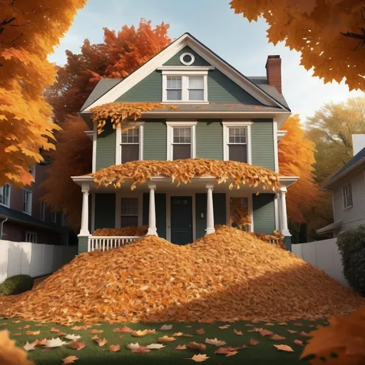 Prompt: Create an image of a house where the yard is piled up with leaves