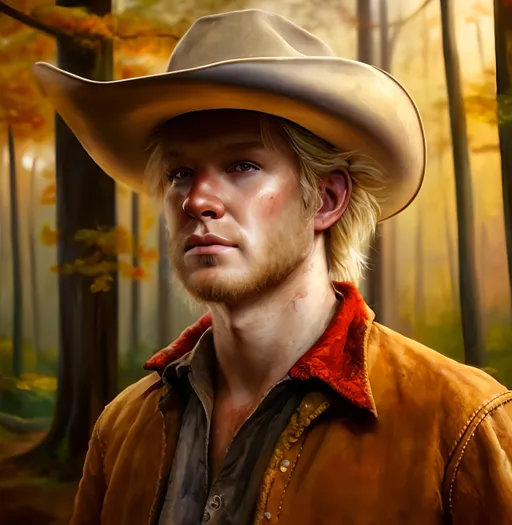Prompt: Man with blonde hair  ,red cowboy hat, forest setting, realistic oil painting, detailed facial features, expressionless, high quality, 
