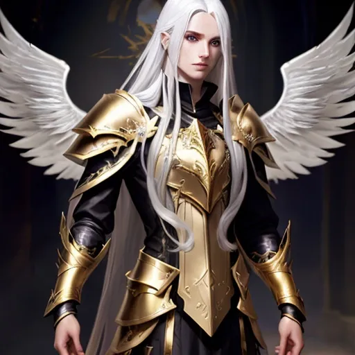 Prompt: Aasimar warlock, Long platinum hair, Silver eyes, Male, Gold wings, Dark Gold armor 