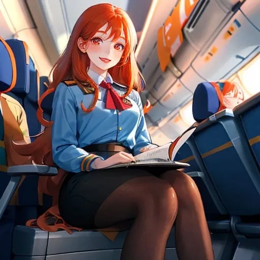 Prompt: A long ginger-haired pretty lady, with brown almond-shaped eyes, slightly blushed and smiling, plump and red lips, and a slim figure, wearing a Ryanair cabin crew uniform, pencil skirt, and mocha color tights underneath, and writing a report sitting on a plane seat inside a plane.