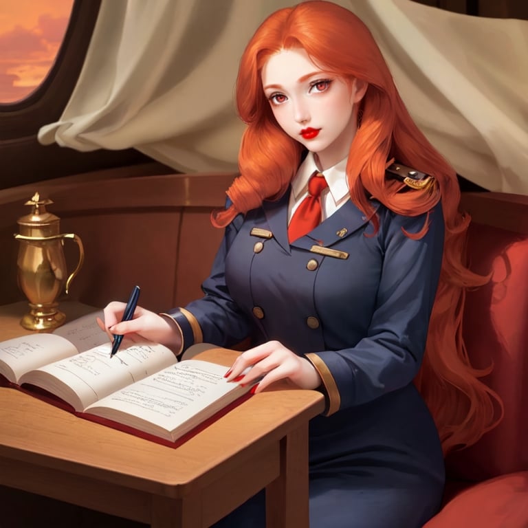 Prompt: A ginger long haired lady, almond shaped eyes, slightly blushed, plump and red lips, wearing a navy blue cabin crew's uniform holding a pen.