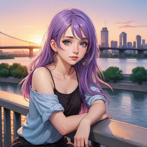 Prompt: A cute long purple-haired woman, with plump and slightly open lips, blue eyes, and shiny earrings is sitting by the railing of a bridge on a sunset. The background is a city skyline and a river. She wears summer clothes and light make-up, slightly blushed. Manga style.