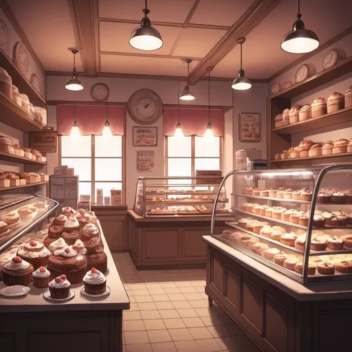 Prompt: A cozy bakery, with dimmed lights and cakes around and ingredients. Manga style.