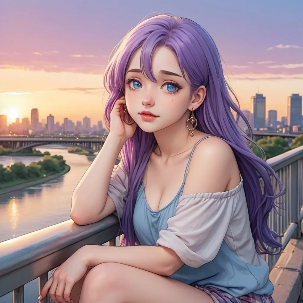 Prompt: A cute long purple-haired woman, with plump and slightly open lips, blue eyes, and shiny earrings is sitting by the railing of a bridge on a sunset. The background is a city skyline and a river. She wears summer clothes and light make-up, slightly blushed. Manga style.