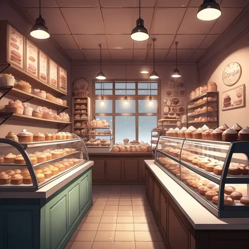 Prompt: A cozy bakery, with dimmed lights and cakes around and ingredients. Manga style.