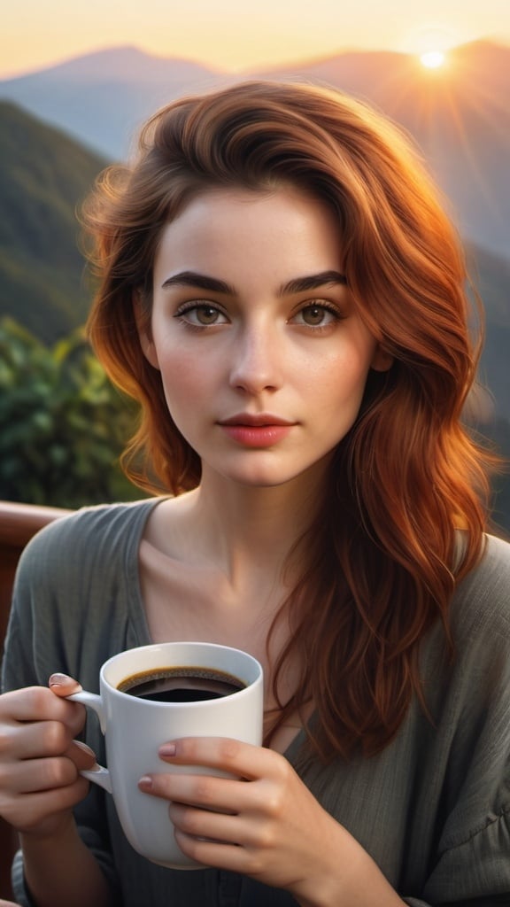 Prompt: masterpiece, high resolution, hyperrealistic, 21 year old woman, holding a mug of black coffee, early morning sunrise, sitting on deck with a mountain view, messy auburn hair, detailed skin texture, natural skin, broad forehead, parted lips, chin dimple