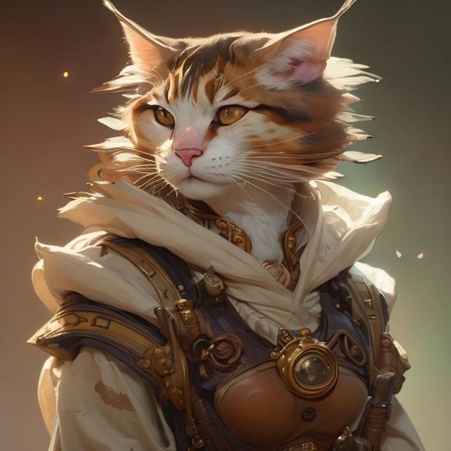 Prompt: D&D Female Calico Tabaxi, anthropomorphic cat, fantasy space engineer, Painted by artgerm, Alphonse Mucha, Akihiko yoshida, sakimichan, krenz cushart, low angle shot, digital painting, cinematic, unreal engine, octane render, 8k