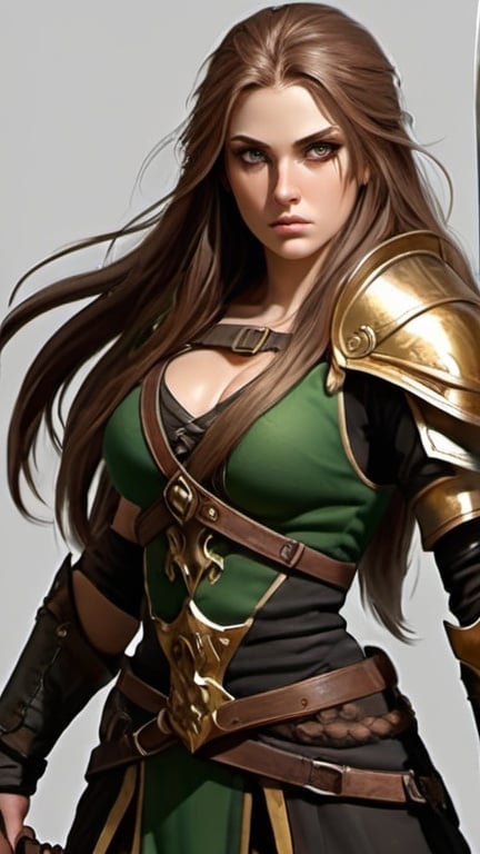 Prompt: A warrior real female. Tall strong feature. Gold & brown long hair. Greenhazel big furious eyes. combat black wardrop. Large sward in hand. 