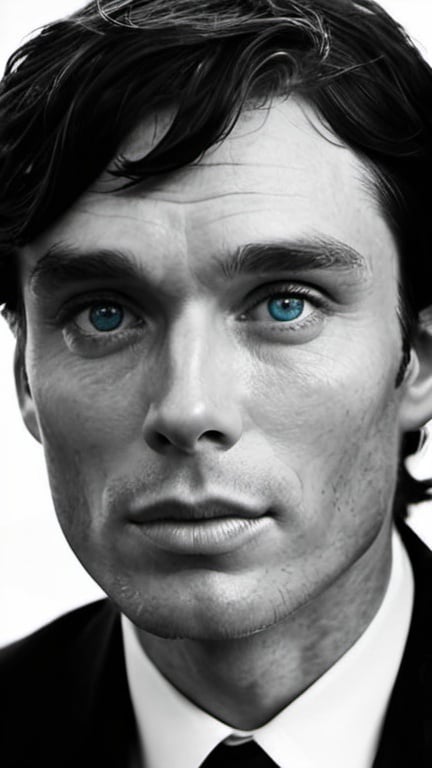 Prompt: Cillian murphy portrait. In black & white. Blue eyes.