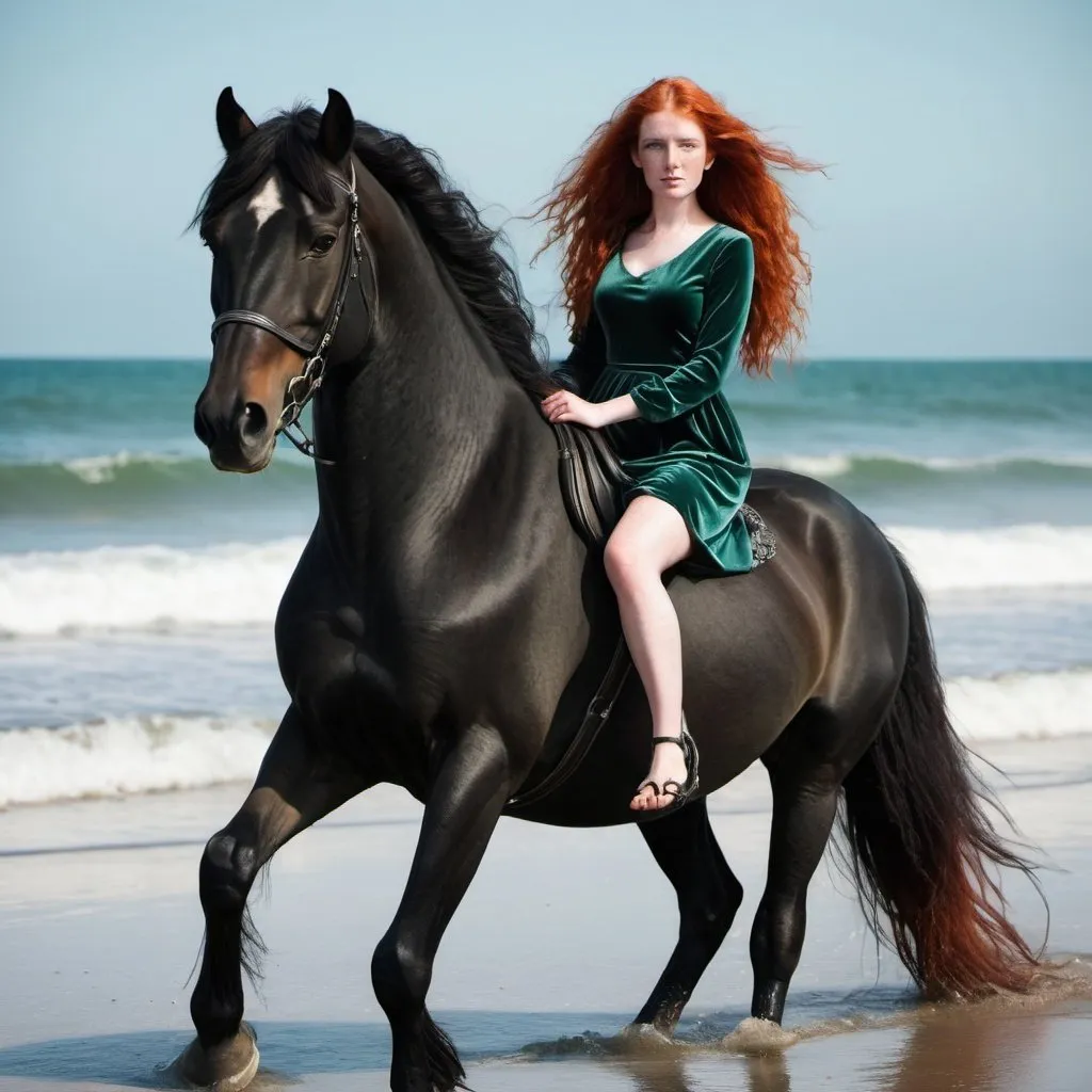 Prompt: An Irish young woman with long red hair in a grean velvet dress riding a big masculine black horse with beautiful wavy hair at the beach