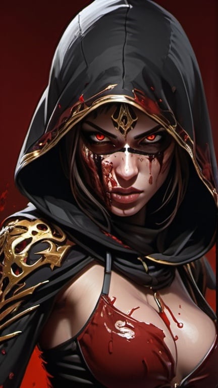 Prompt: Black and red background, black hood with gold details, bloody assassin, covered in blood, holding blades in hands & back, highly detailed female face, fierce eyes,white eyes, tanted skin, strong feature, long legs, ultra realistic, 3D drawing