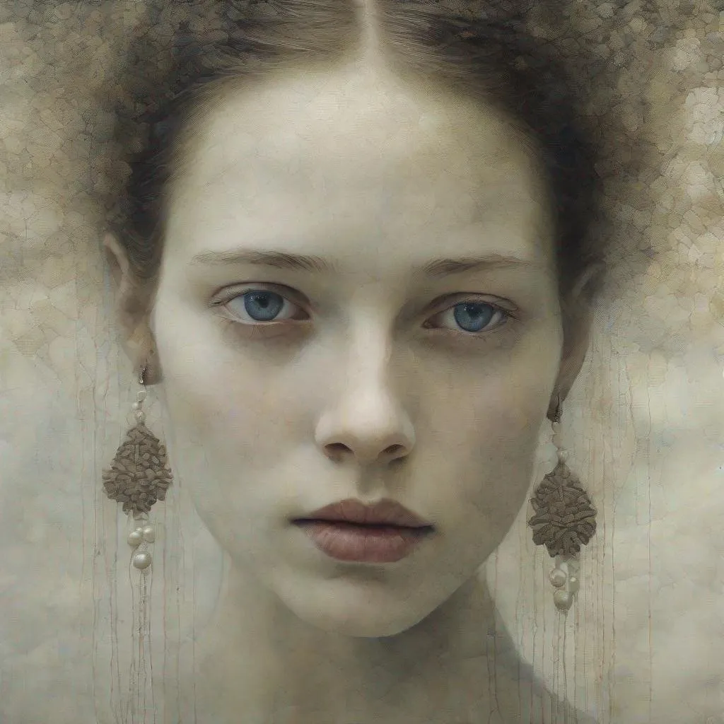 Prompt: This lonely beautiful lady, resemblance to the girl with pearly earing portrait. She remains an intricate tapestry of unanswered questions and tantalizing mysteries art by Daria Endresen, Clifford Coffin, Lin Fengmian, Elger Esser, Rimel Neffati. 3d, watercolors and ink, beautiful, fantastic view, extremely detailed, intricate, best quality, highest definiti