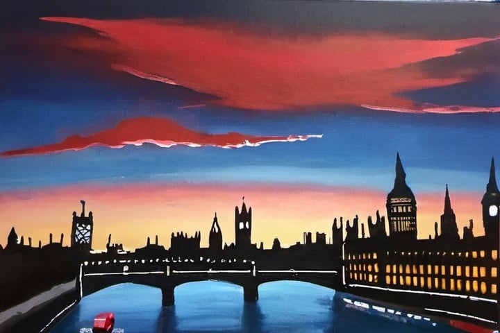 Prompt: Evening blue red sky of london in acrylic