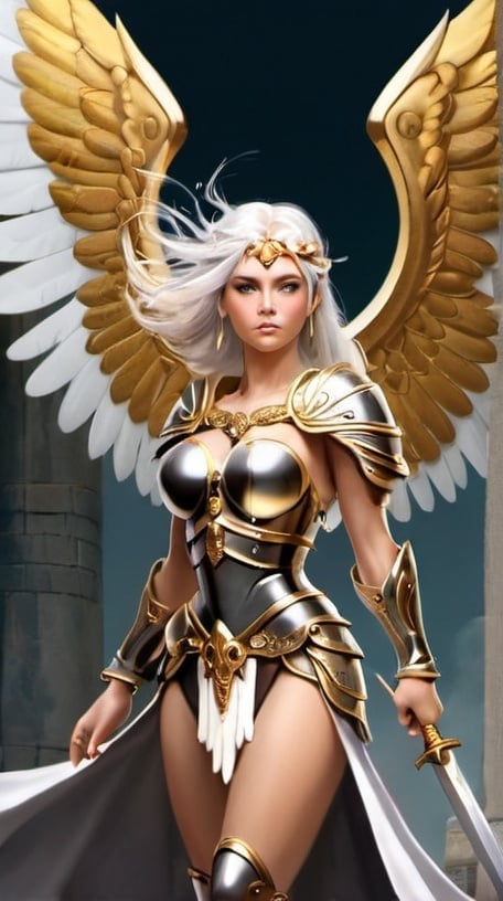 Prompt: A warrior lady with gold hair, silver wardrop & wings holding a big sward