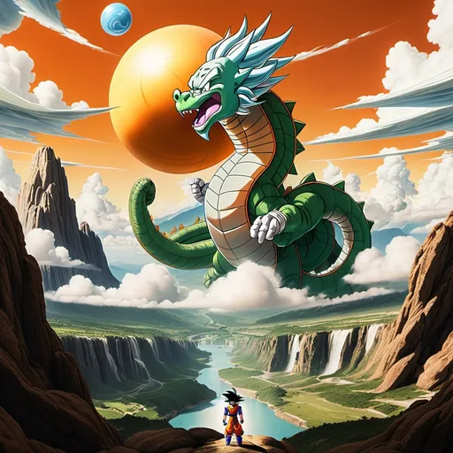 Prompt: un paisaje del mundo de dragon ball  muy llamativo y arriba un dragon en donde aparezcan las esferas del dragon esparcidas por el cielo