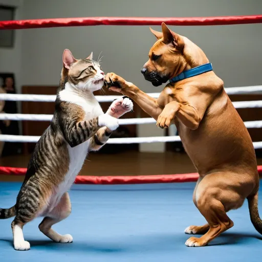 Prompt: cat fighting a dog in a boxing ring