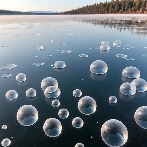 Prompt: life like frozen air bubbles in a clear frozen lake
