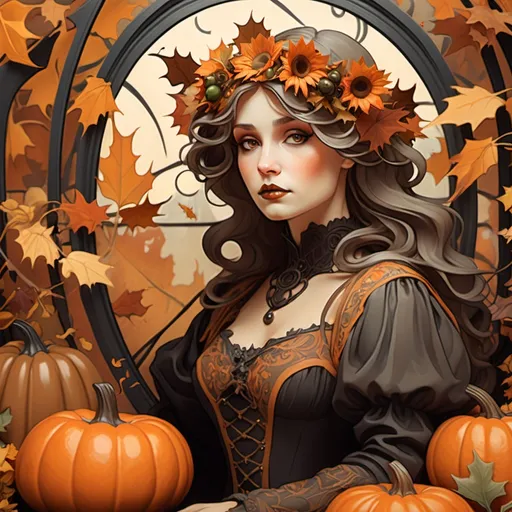 Prompt: A fall Halloween scene with a woman in the style of Alphonse Mucha close up