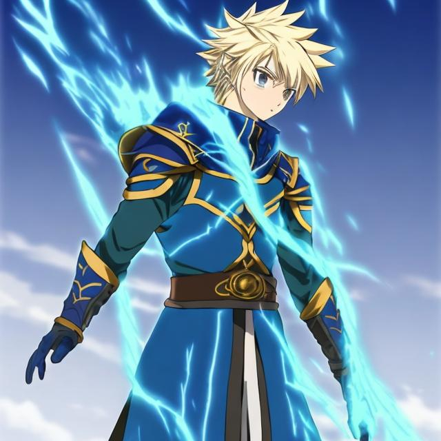 Prompt: An anime character with these traits 
* Age: 27
* Height: 6'2"
* Build: Athletic
* Complexion: rough skin with a slightly deep tan
* Hair: White, disheveled
* Eyes: Electrifying ice-blue
* Attire: Blue padded tunic, armored leggings, enchanted elven-inspired armor, and a billowing cloak of darkness.