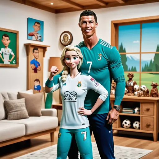 Prompt: A photo of Elsa the cartoon and footballer Cristiano Ronaldo in a house. Fiona is looking at Ronaldo while he is showing his arm strength. Ronaldo is wearing casual clothes. The background contains wood furniture and decorations.